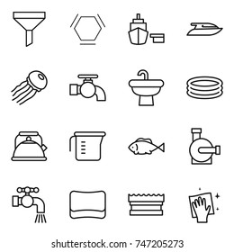 thin line icon set : funnel, hex molecule, port, yacht, jellyfish, water tap, sink, inflatable pool, kettle, measuring cup, fish, pump, sponge, wiping