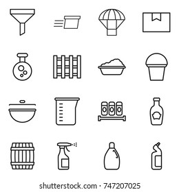 thin line icon set : funnel, delivery, parachute, package box, chemical, pallet, washing, bucket, cauldron, measuring cup, spices, ketchup, barrel, sprayer, cleanser, toilet