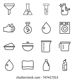 thin line icon set : funnel, flask, vial, cleanser, acid, chemical, drop, washing machine, cauldron, measuring cup, sponge, toilet
