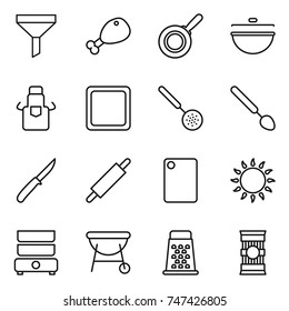 thin line icon set : funnel, chicken leg, pan, cauldron, apron, cutting board, skimmer, big spoon, knife, rolling pin, gas oven, double boiler, bbq, grater, pasta