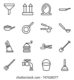 thin line icon set : funnel, cargo top sign, mirror, pan, garlic clasp, ladle, knife holder, hand mill, scissors, shovel, fork, water tap, bucket, plunger