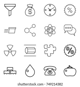 thin line icon set : funnel, money bag, clock, percent, delivery, molecule, atom, discussion, nuclear, nano tube, puzzle, block wall, drop, phone, tomato