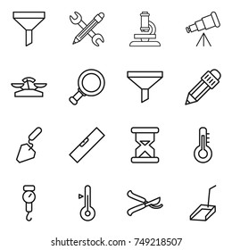 thin line icon set : funnel, pencil wrench, microscope, telescope, scales, magnifier, construction, level, sand clock, thermometer, handle, pruner, scoop