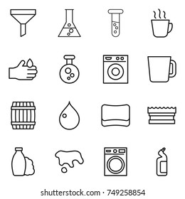 thin line icon set : funnel, flask, vial, hot drink, acid, chemical, washing machine, cup, barrel, drop, sponge, shampoo, spot, toilet cleanser