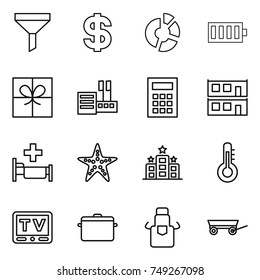 thin line icon set : funnel, dollar, circle diagram, battery, gift, store, calculator, modular house, hospital, starfish, hotel, thermometer, tv, pan, apron, trailer