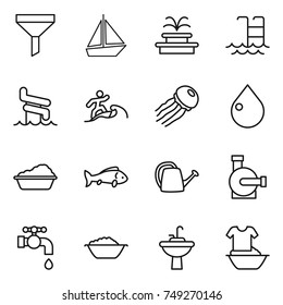 thin line icon set : funnel, boat, fountain, pool, aquapark, surfer, jellyfish, drop, washing, fish, watering can, water pump, tap, foam basin, sink, handle