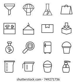 thin line icon set : funnel, parachute, flask, shopping bag, tools, loading crane, package box, chemical, cargo search, fridge, bucket, measuring cup, liquid soap