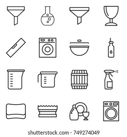 thin line icon set : funnel, round flask, wineglass, level, washing machine, cauldron, vegetable oil, measuring cup, barrel, sprayer, sponge, dish cleanser