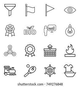 thin line icon set : funnel, flag, eye, medal, bio, presentation, rocket, spinner, university, flammable, train, tennis, handwheel, handle washing