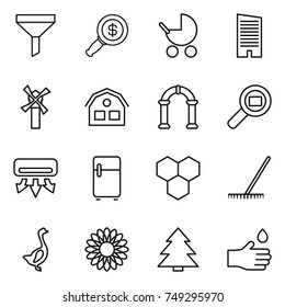 thin line icon set : funnel, dollar magnifier, baby stroller, skyscraper, windmill, house, arch, cargo search, air conditioning, fridge, honeycombs, rake, goose, flower, spruce, hand drop