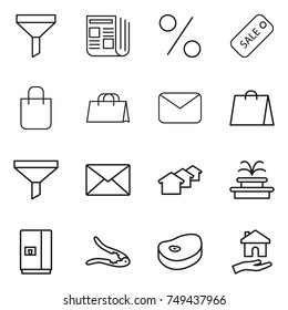 thin line icon set : funnel, newspaper, percent, sale, shopping bag, mail, houses, fountain, fridge, walnut crack, steake, housing