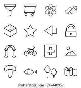 thin line icon set : funnel, delivery, atom, up down arrow, box, star, left, unlock, arch, bike, first aid, landscape, mushroom, fish, trees, toilet paper