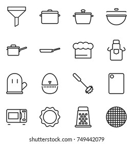 thin line icon set : funnel, pan, cauldron, saute, chief hat, apron, cook glove, egg timer, whisk, cutting board, microwave oven, induction, grater, sieve