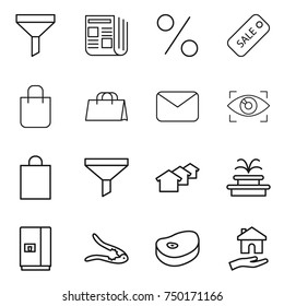 thin line icon set : funnel, newspaper, percent, sale, shopping bag, mail, eye identity, houses, fountain, fridge, walnut crack, steake, housing
