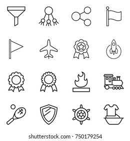 thin line icon set : funnel, share, flag, plane, medal, rocket, flammable, train, tennis, shield, handwheel, handle washing