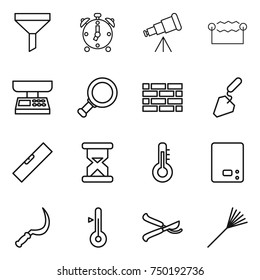 thin line icon set : funnel, alarm clock, telescope, electrostatic, market scales, magnifier, brick wall, construction, level, sand, thermometer, kitchen, sickle, pruner, rake