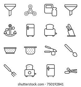 thin line icon set : funnel, spinner, scales weight, anchor, fridge, toaster, stands for knives, colander, garlic clasp, big spoon, fork, scissors