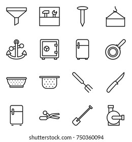 thin line icon set : funnel, tools, nail, loading crane, anchor, safe, fridge, pan, colander, big fork, knife, scissors, shovel, water pump