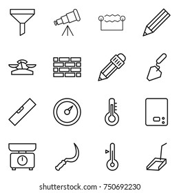 thin line icon set : funnel, telescope, electrostatic, pencil, scales, brick wall, construction, level, barometer, thermometer, kitchen, sickle, scoop