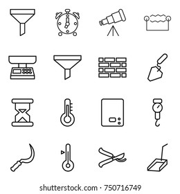 thin line icon set : funnel, alarm clock, telescope, electrostatic, market scales, brick wall, construction, sand, thermometer, kitchen, handle, sickle, pruner, scoop
