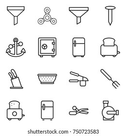 thin line icon set : funnel, spinner, nail, anchor, safe, fridge, toaster, stands for knives, colander, garlic clasp, big fork, scissors, water pump