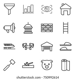 thin line icon set : funnel, graph, eye identity, home, megafon, goverment house, brick wall, stairs, train, palm hammock, garage, slippers, meat hammer, soil cutter, pig, paper towel