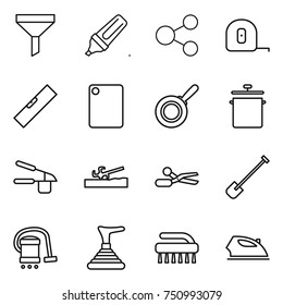 thin line icon set : funnel, marker, share, measuring tape, level, cutting board, pan, garlic clasp, soil cutter, scissors, shovel, vacuum cleaner, plunger, brush, iron
