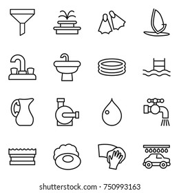 thin line icon set : funnel, fountain, flippers, windsurfing, water tap, sink, inflatable pool, jug, pump, drop, sponge, soap, wiping, car wash