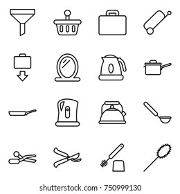thin line icon set : funnel, basket, suitcase, baggage get, mirror, kettle, saute pan, ladle, scissors, pruner, toilet brush, duster