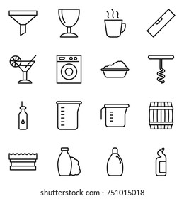 thin line icon set : funnel, wineglass, hot drink, level, cocktail, washing machine, corkscrew, vegetable oil, measuring cup, barrel, sponge, shampoo, cleanser, toilet