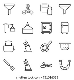 thin line icon set : funnel, spinner, scales weight, loading, crane, safe, fridge, toaster, stands for knives, pan, colander, big fork, knife holder, scissors, horseshoe