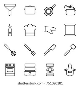 thin line icon set : funnel, pan, steam, vegetable oil, cook hat, glove, cutting board, whisk, big fork, chef knife, meat hammer, oven, double boiler, pasta, apron