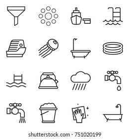 thin line icon set : funnel, round around, port, pool, cruise ship, jellyfish, bath, inflatable, kettle, rain cloud, water tap, foam bucket, wiping
