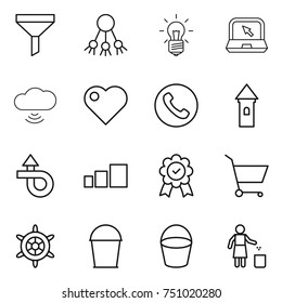 thin line icon set : funnel, share, bulb, notebook, cloud wireless, heart, phone, tower, trip, sorting, medal, cart, handwheel, bucket, garbage bin