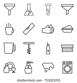 thin line icon set : funnel, flask, vial, hot drink, level, acid, washing, cup, corkscrew, vegetable oil, sponge, dish cleanser, liquid soap, spot, machine