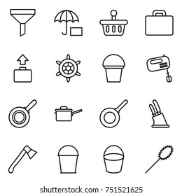 thin line icon set : funnel, insurance, basket, suitcase, baggage, handwheel, bucket, mixer, pan, saute, knife holder, axe, duster