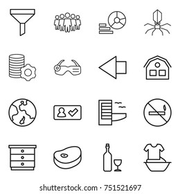 thin line icon set : funnel, team, diagram, virus, virtual mining, smart glasses, left arrow, house, earth, check in, hotel, no smoking, chest of drawers, steake, wine, handle washing