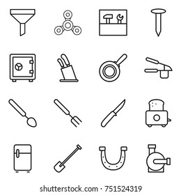 thin line icon set : funnel, spinner, tools, nail, safe, stands for knives, pan, garlic clasp, big spoon, fork, knife, toaster, fridge, shovel, horseshoe, water pump