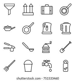 thin line icon set : funnel, cargo top sign, suitcase, pan, kettle, garlic clasp, ladle, hand mill, shovel, fork, bucket, water tap, please clean