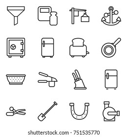 thin line icon set : funnel, scales weight, loading, anchor, safe, fridge, toaster, pan, colander, garlic clasp, knife holder, scissors, shovel, horseshoe, water pump