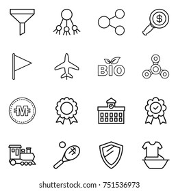 thin line icon set : funnel, share, dollar magnifier, flag, plane, bio, spinner, crypto currency, medal, university, train, tennis, shield, handle washing
