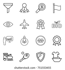 thin line icon set : funnel, share, dollar magnifier, flag, eye, plane, medal, bio, presentation, rocket, crypto currency, train, tennis, shield, handle washing