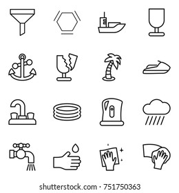 thin line icon set : funnel, hex molecule, sea shipping, fragile, anchor, broken, palm, jet ski, water tap, inflatable pool, kettle, rain cloud, hand drop, wiping