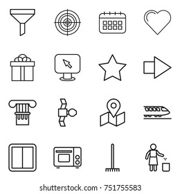 thin line icon set : funnel, target, calendar, heart, gift, monitor arrow, star, right, column, satellite, map, train, power switch, grill oven, rake, garbage bin