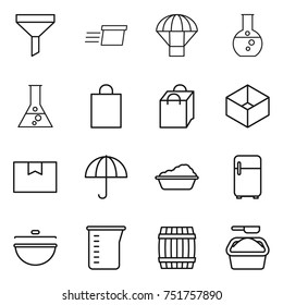 thin line icon set : funnel, delivery, parachute, round flask, shopping bag, box, package, dry cargo, washing, fridge, cauldron, measuring cup, barrel, powder