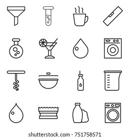 thin line icon set : funnel, vial, hot drink, level, chemical, cocktail, drop, washing machine, corkscrew, cauldron, vegetable oil, measuring cup, sponge, shampoo