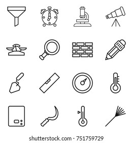 thin line icon set : funnel, alarm clock, microscope, telescope, scales, magnifier, brick wall, pencil, construction, level, barometer, thermometer, kitchen, sickle, rake