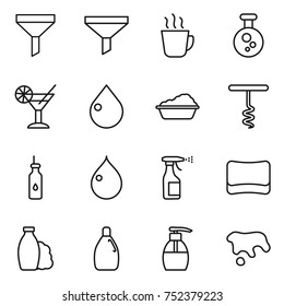 thin line icon set : funnel, hot drink, chemical, cocktail, drop, washing, corkscrew, vegetable oil, sprayer, sponge, shampoo, cleanser, liquid soap, spot