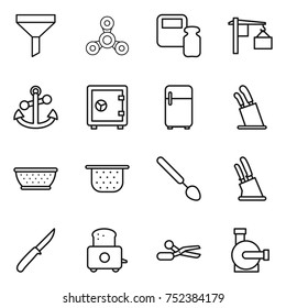 thin line icon set : funnel, spinner, scales weight, loading, anchor, safe, fridge, stands for knives, colander, big spoon, knife holder, toaster, scissors, water pump