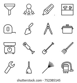 thin line icon set : funnel, share, marker, tools, measuring tape, construction, drawing compasses, pan, kitchen scales, blender, shovel, fork, wrench, broom, rake, vacuum cleaner